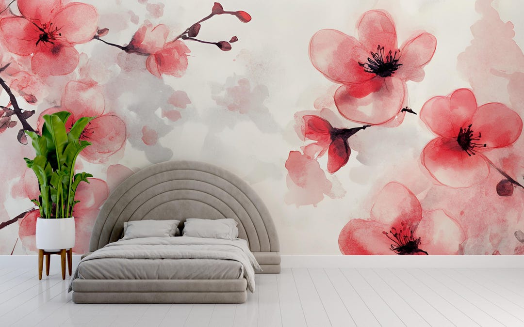 Watercolor Cherry Blossom Wall Mural – Pink Floral Bedroom Wallpaper ...