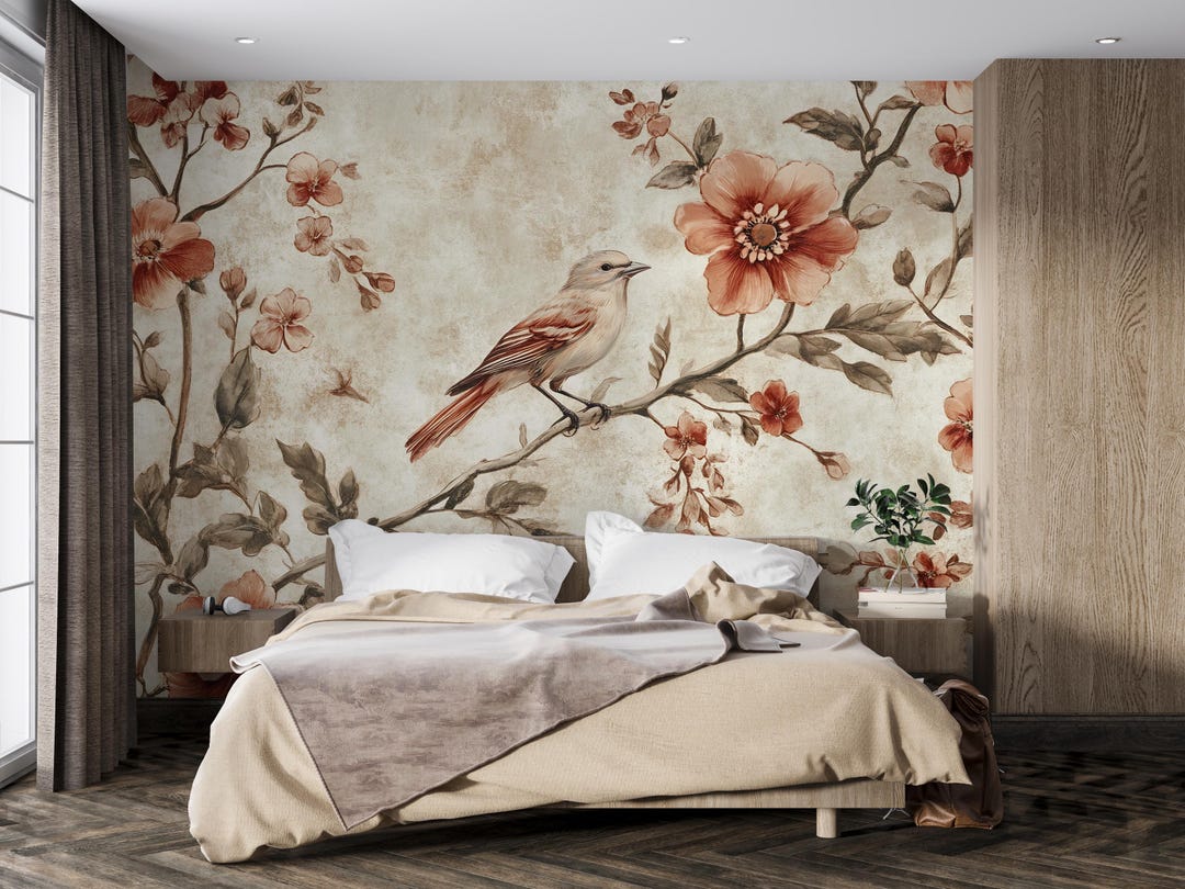 Vintage Bird Mural – Rustic Floral Botanical Wallpaper Wall Art Vn1000 ...