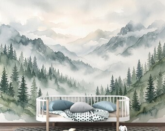 Panoramic Misty Forest Mountain Landscape Mural, Watercolor Pine Tree Wallpaper, Foggy Woodland Wall Mural, Sage Green Nature Decor 442DE