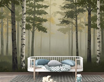 Nebliger Wald Wallpaper Wandbild Aquarell Birken und Fichten Bäume Neutralgrün Wald Wandbild Skandinavische Natur Dekor Ruhiger Wald 202DE