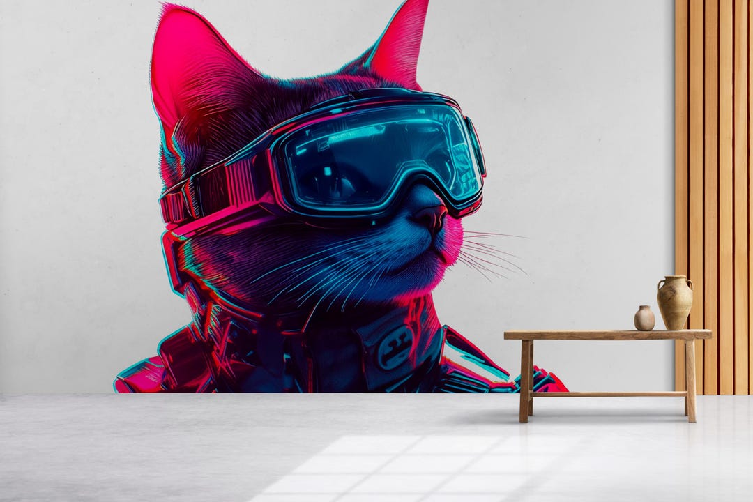 Cyberpunk Cat Wall Art Neon Cat Mural Futuristic Decor 363mv - Etsy