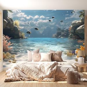 Ocean Paradise Wall Mural | 3D Tropical Beach Wallpaper for Kids Room | Underwater Fish Landscape Bedroom Decor Vn232