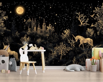 Carta da parati murale con castello magico al chiaro di luna - Carta da parati con cielo notturno fantasy, decorazione per cameretta o cameretta dei bambini, arte ispirata alla foresta delle fiabe Vn177