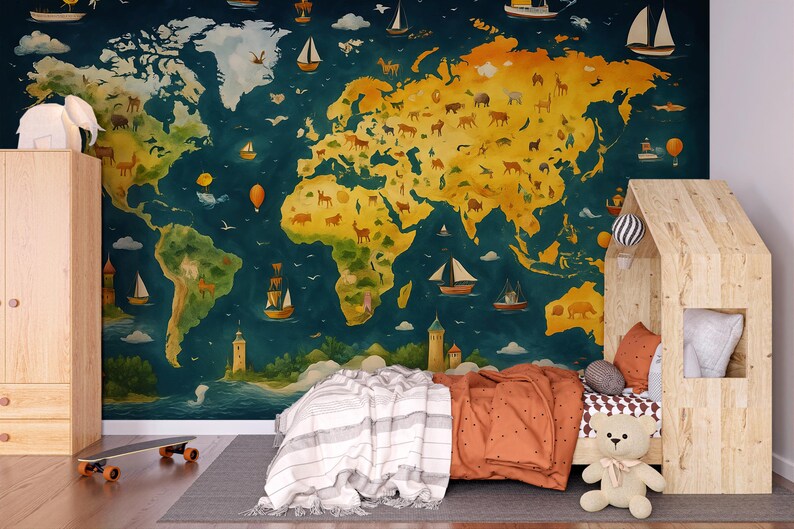 World Map Kids Wall Mural | Educational Wallpaper | Adventure Theme ...
