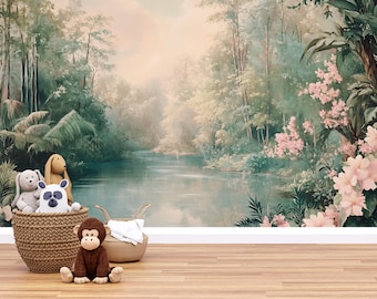 May include: A scenic mural depicting a tranquil river scene with lush greenery and pink flowers. A woven basket holds stuffed animals, including a bear, a raccoon, and a bunny. A brown monkey plush sits in front.