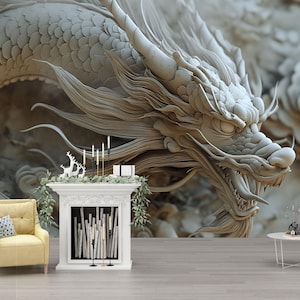 Carta da parati murale 3D con drago asiatico / Carta da parati con bestia mitologica / Decorazione per la casa Zen e serena / Stampa artistica con drago orientale fantasy Vn594