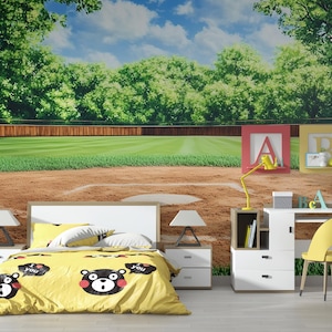 Baseball Field Wall Mural – Realistic Sports Theme Wallpaper for Boys Room, Game Room, or Man Cave Decor Vn531