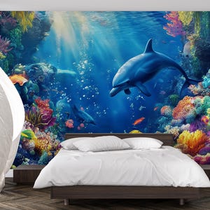 Underwater Ocean Wall Mural – Dolphin Coral Reef Wallpaper – 3D Sea Life Decor for Bedroom or Kids Room Vn253