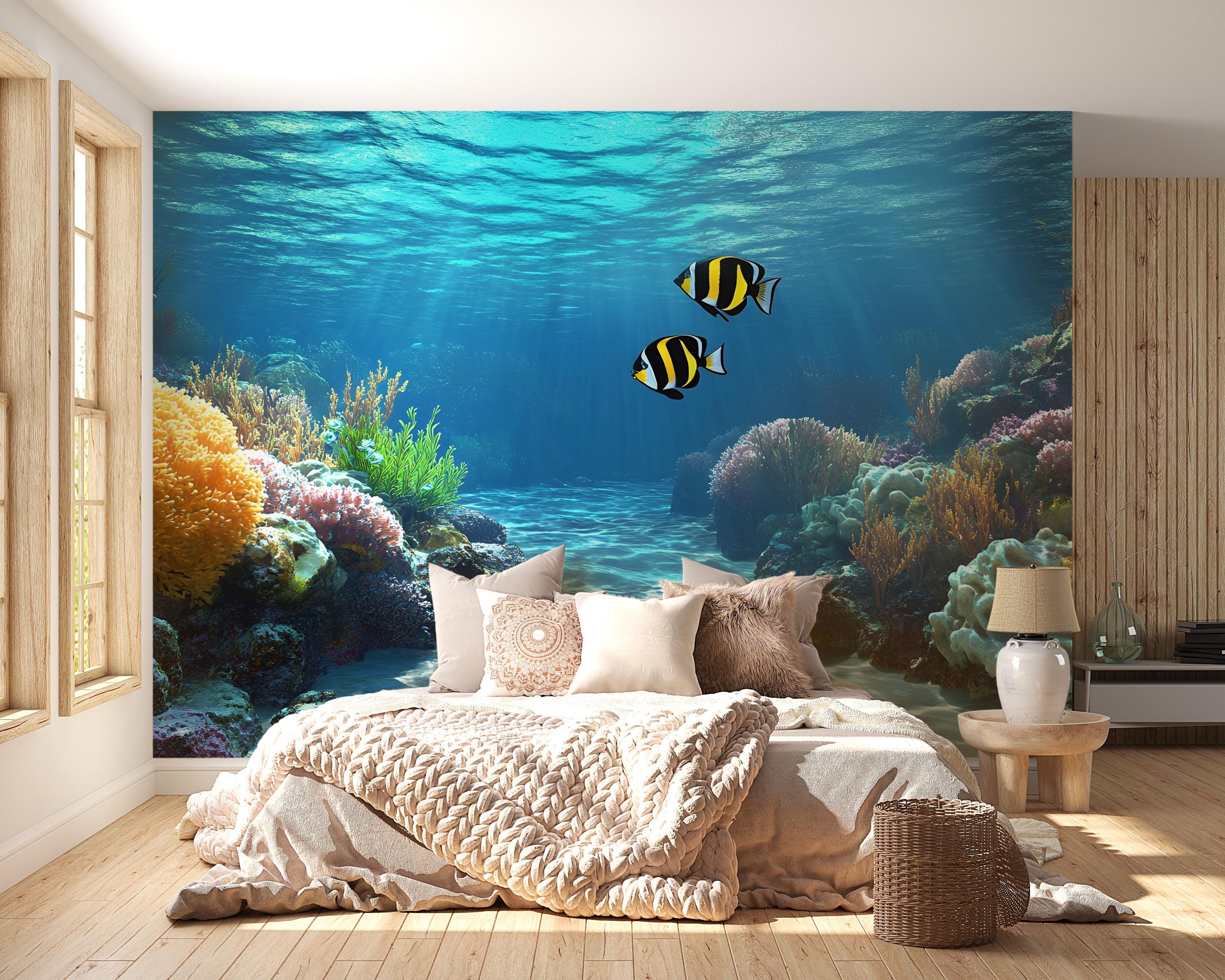 HOMETITUTE Ocean Wallpaper – Peel & Stick Coral Reef Mural, Underwater Scene For Bathroom Or Kids' Room, 15.7 X 39.4 Inches