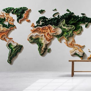 May include: A layered, three-dimensional world map wall art. The continents are rendered in shades of green, orange, and white, creating a textured effect. The artwork is mounted on a white wall, with a wooden bench and decorative vases in the foreground.