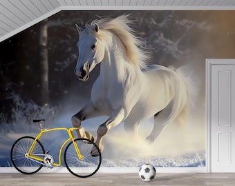 White Horse in Snow Wall Mural – Majestic Winter Stallion Wallpaper for Bedroom or Living Room  Vn782