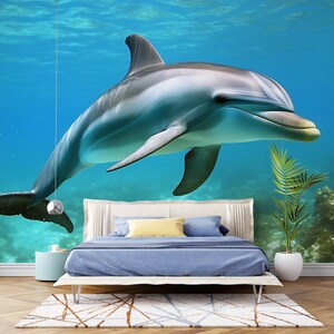 Carta da parati murale con delfini per camera da letto – Carta da parati 3D con vita sottomarina – Decorazione marina nautica per bambini e adulti Vn255