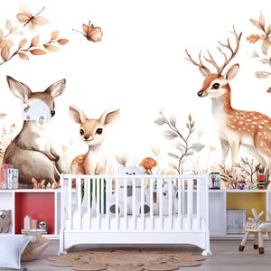Carta da parati murale con cervi del bosco per cameretta dei bambini, carta da parati con animali del bosco, decorazione per cameretta con tema natura neutra Vn344