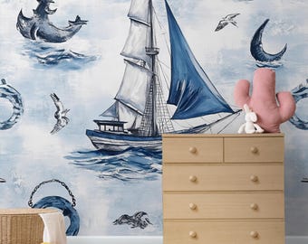 Nautical Sailboat Wall Mural for Kids Room – Ocean Theme Wallpaper with Sea Animals, Blue Boat, Seagulls, and Waves Vn071