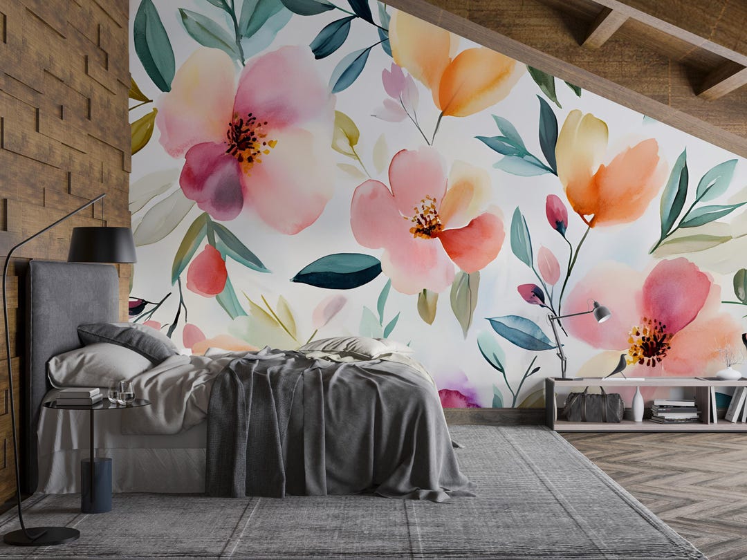 Watercolor Floral Wall Mural – Large Colorful Flower Wallpaper ...