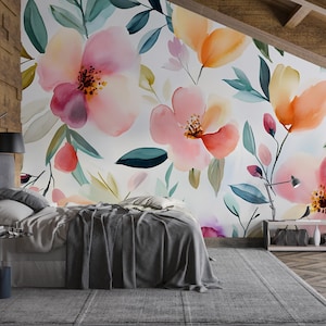 Watercolor Floral Wall Mural – Large Colorful Flower Wallpaper – Botanical Peel and Stick Wall Art for Bedroom or Living Room Vn547