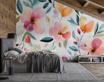 Watercolor Floral Wall Mural – Large Colorful Flower Wallpaper – Botanical Peel and Stick Wall Art for Bedroom or Living Room Vn547