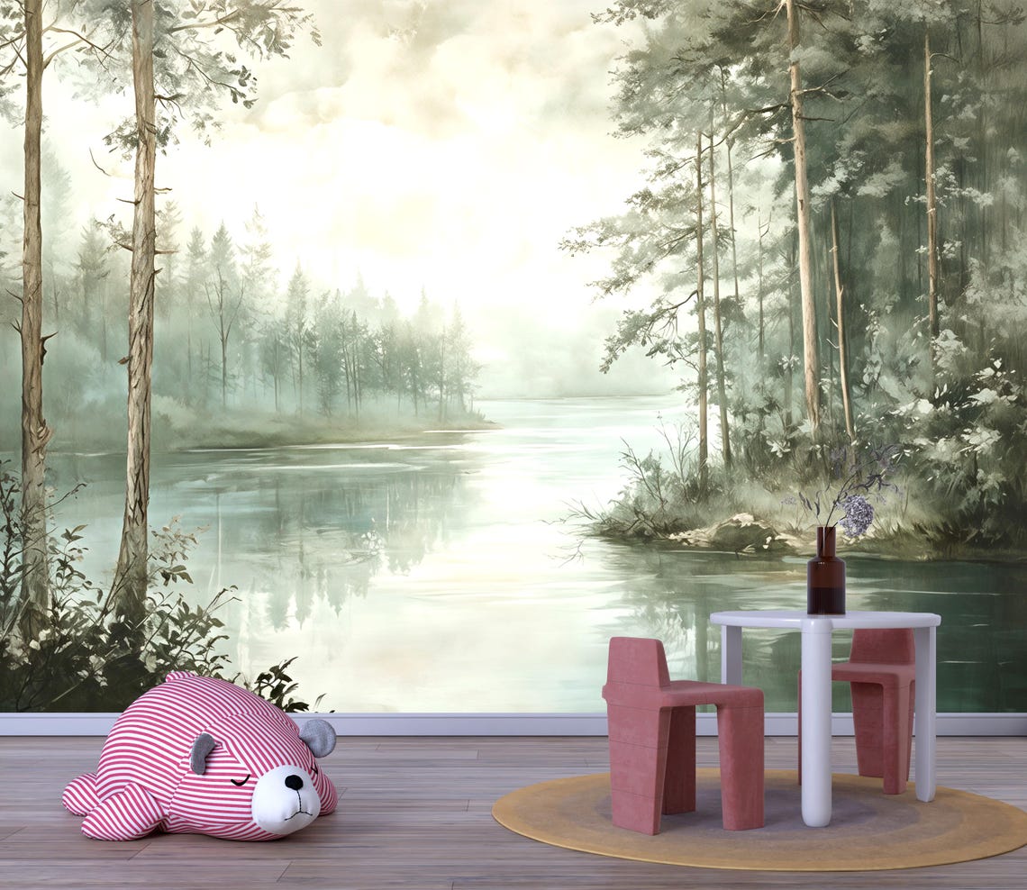 Misty Forest Lake Wall Mural – Nature Landscape Wallpaper Vn972 - Etsy