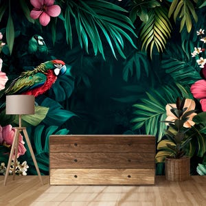 Tropical Parrot Jungle Wall Mural – Exotic Floral Wallpaper with Hibiscus & Macaw for Living Room or Office Accent Wall Vn214