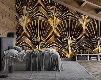 Art Deco Wall Mural – Luxury Gold & Black Geometric Wallpaper, Glam Accent Wall Decor for Bedroom, Living Room or Lounge Vn1083