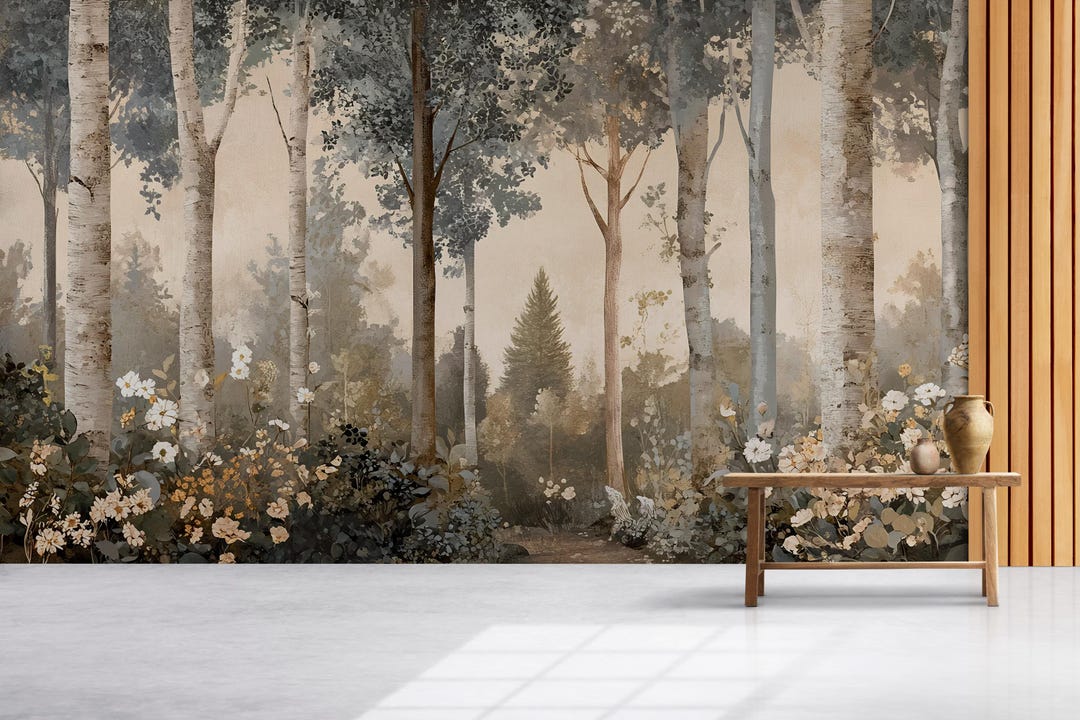 Forest Wall Mural – Neutral Tree Wallpaper, Scandinavian Nature Wall ...