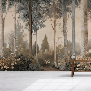 Forest Wall Mural – Neutral Tree Wallpaper, Scandinavian Nature Wall Art, Large Woodland Removable Mural Vn248