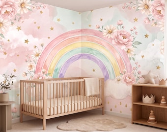 Pastel Floral Rainbow Wallpaper, Watercolor Nursery Wall Mural, Pink Flowers, Clouds & Gold Stars, Girls Room Decor 466DE