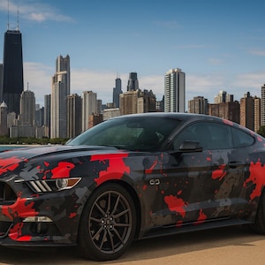 レッドブラックカモフラージュマスタングラップ • フルカービニールデカール • カスタムグラフィックカーステッカー • 車両ラップデザイン、nv064