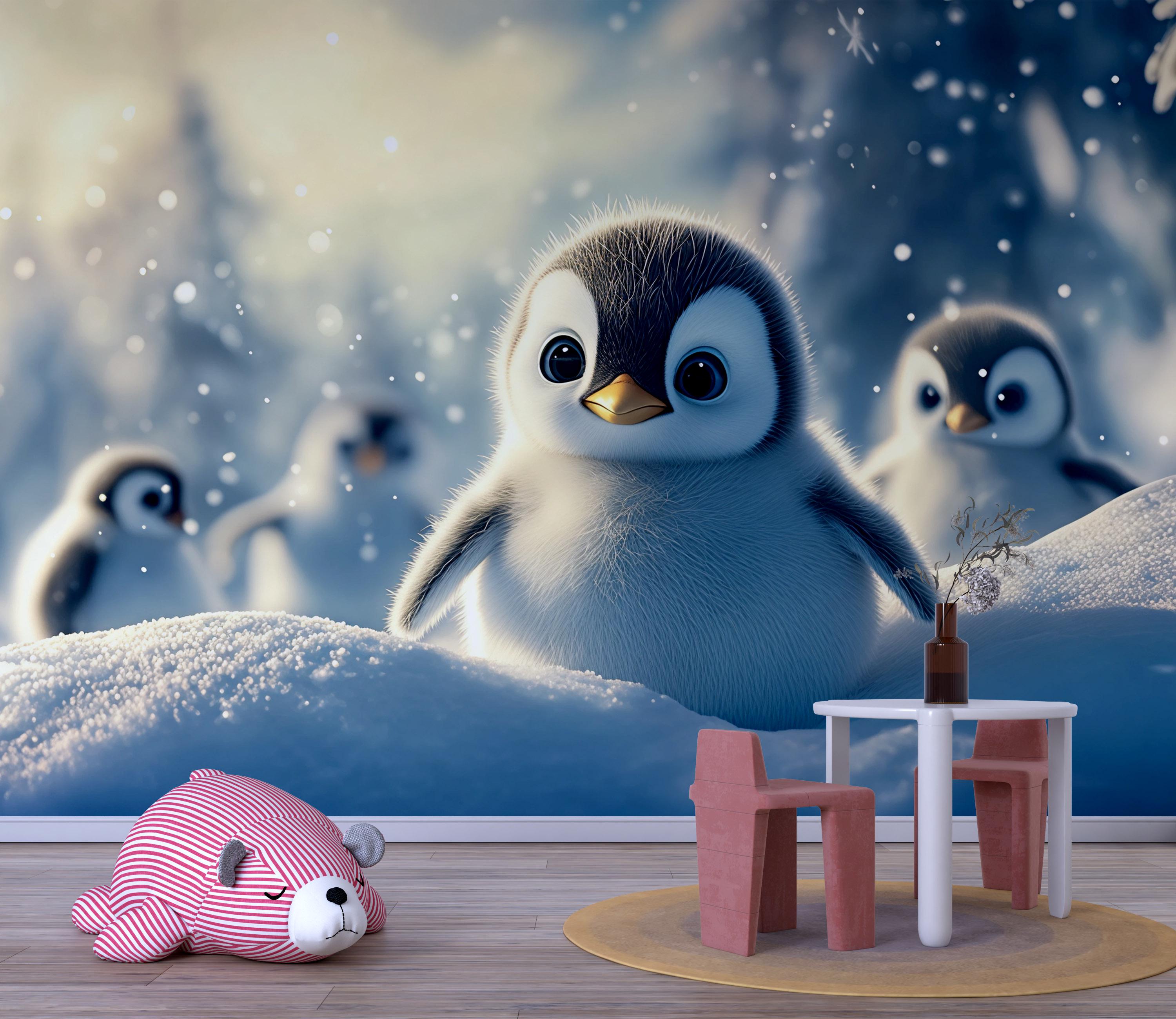 Penguin Nursery Wall Mural – Cute Winter Baby Animal Wallpaper for