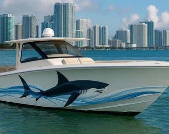 Shark Boat Wrap Vinyl Decal – Minimal Blue Shark Graphic with Waves for Center Console & Fishing Boat Hull – Custom Marine Vinyl, vb053
