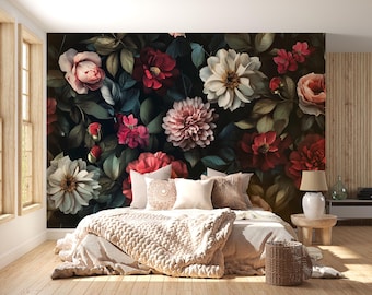 Bold Dark Floral Wall Mural – Large Vintage Flowers Wallpaper – Romantic Bedroom Wall Decor – Peel & Stick or Traditional Vn645