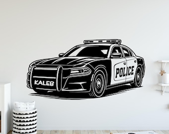Personalized Police Car Wall Decal, Custom Name Police Car Sticker, Kids Room Art 454DE