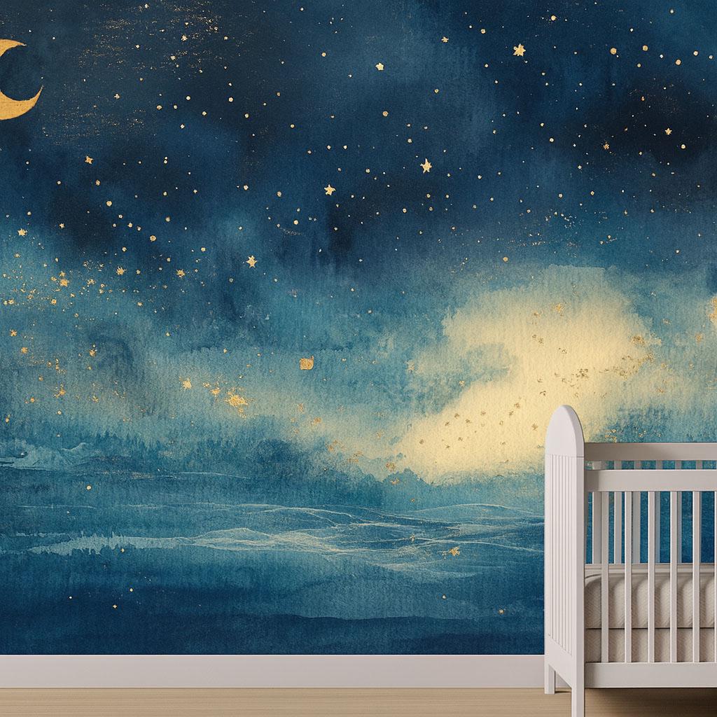夜空の壁画 月と星の保育園の壁紙 子供部屋や赤ちゃんの保育室に最適な夢のような銀河のアクセントウォール Vn854 - 日本