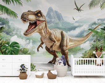 子供部屋用T-Rex恐竜壁画 - ジャングル先史時代の壁紙 - 男の子用