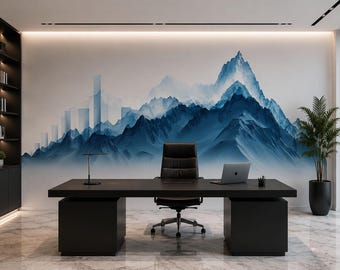 Blue Mountain Office Wall Mural, Modern Executive Wallpaper, Corporate Workspace Decor, Nature Landscape Wall Art, 675mv