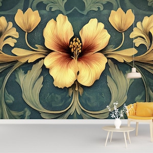 Bold Yellow Floral Wall Mural | Large Botanical Art Nouveau Wall Decor | Vintage Style Flower Wallpaper | Peel & Stick or Paste Vn193