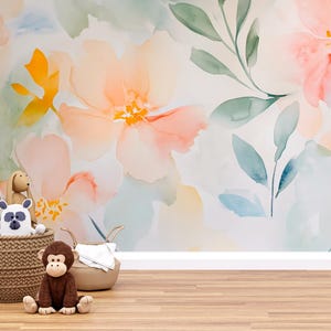 Aquarel bloemenmuurschildering voor kinderkamer – Soft pastel bloemenbehang, verwijderbare kinderkamerkunst Vn559