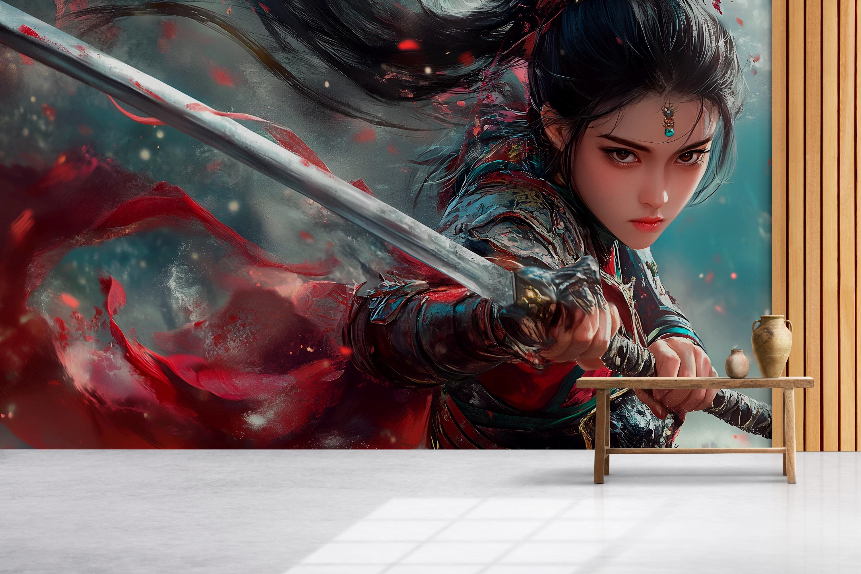 Fantasy Warrior Wall Mural – Anime Samurai Girl Art | Epic Battle