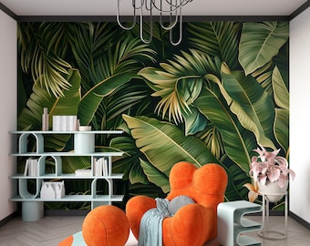May include: An interior design scene featuring an orange armchair, a matching ottoman, and a light blue side table. A large, colorful rug and a bookshelf are also present. The backdrop is a vibrant green and yellow tropical leaf mural, with a chandelier hanging from the ceiling.