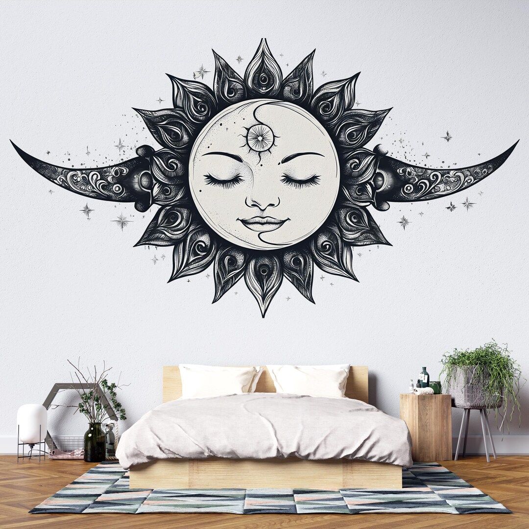 Sun Moon Wall Mural Celestial Sun Face Boho Spiritual Bedroom Decor ...