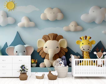 Safari Animal Nursery Wall Art – Jungle Theme Baby Room Decor, 3D Effect Safari Mural with Lion, Elephant, Giraffe Vn430