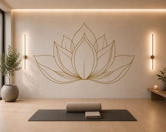 Gold Lotus Wall Mural, Yoga Studio Wallpaper, Zen Line Art Decor, Meditation Room Wall Art, Minimal Spa Mural, 661mv