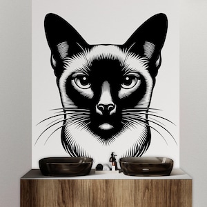 Calcomanía de pared de gato siamés, decoración para perros, gato, niños, arte de pared de gato, calcomanía para amantes de los gatos, animales, pared de gato, calcomanías de pared para baño, vinilo 090DE