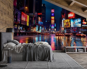 Times Square Wall Mural – NYC Night Lights Taxi Street Wallpaper, Wallpaper for Bedroom Vn899