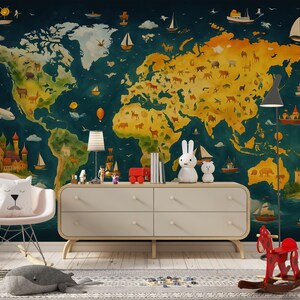 World Map Kids Wall Mural | Educational Wallpaper | Adventure Theme Nursery Decor | Geography Playroom Wall Art Vn423