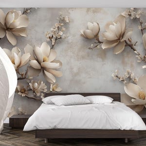 3D Magnolia Flower Wall Mural – Luxury Beige Floral Wallpaper for Bedroom & Living Room Decor Vn754