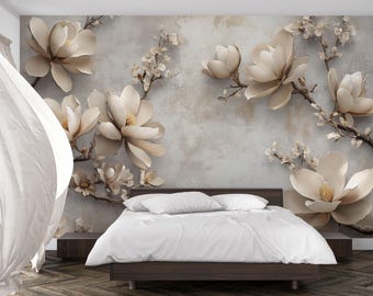 3D Magnolia Flower Wall Mural – Luxury Beige Floral Wallpaper for Bedroom & Living Room Decor Vn754
