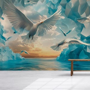 Soaring Birds 3D Wall Mural – Sky & Ocean Scene with White Doves | Modern Nature-Inspired Peel  Stick Wallpaper Vn577