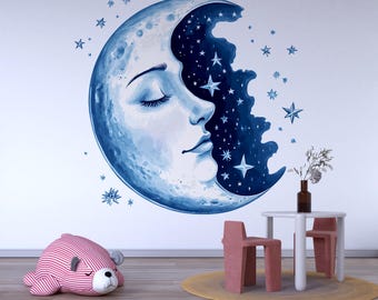 Moon and Stars Nursery Wall Decal – Celestial Kids Room Wall Art, Gender Neutral Baby Decor 032mv