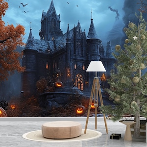Haunted Castle & Jack-O’-Lantern Path Wall Mural – Gothic Halloween Décor Vn802